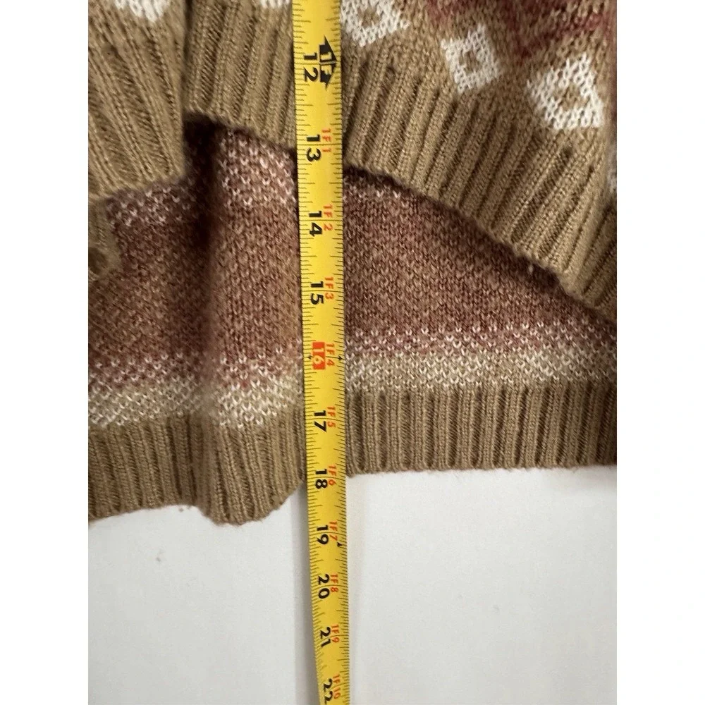 No Comment Boho Geometric Knit Sweater Size‎ Large UEC Brown Pink V-Neck